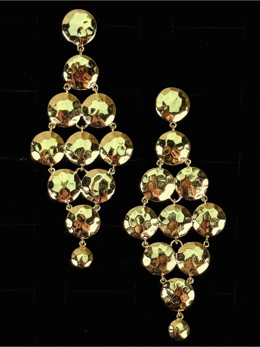 Stunning Weighted Hammered Goldtone Disc Chandelier Pierced Earrings